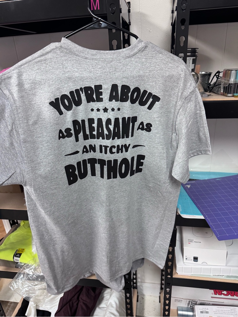 Gildan Gray Short Sleeve Tee with Black Humorous Text - Picture 3 of 3